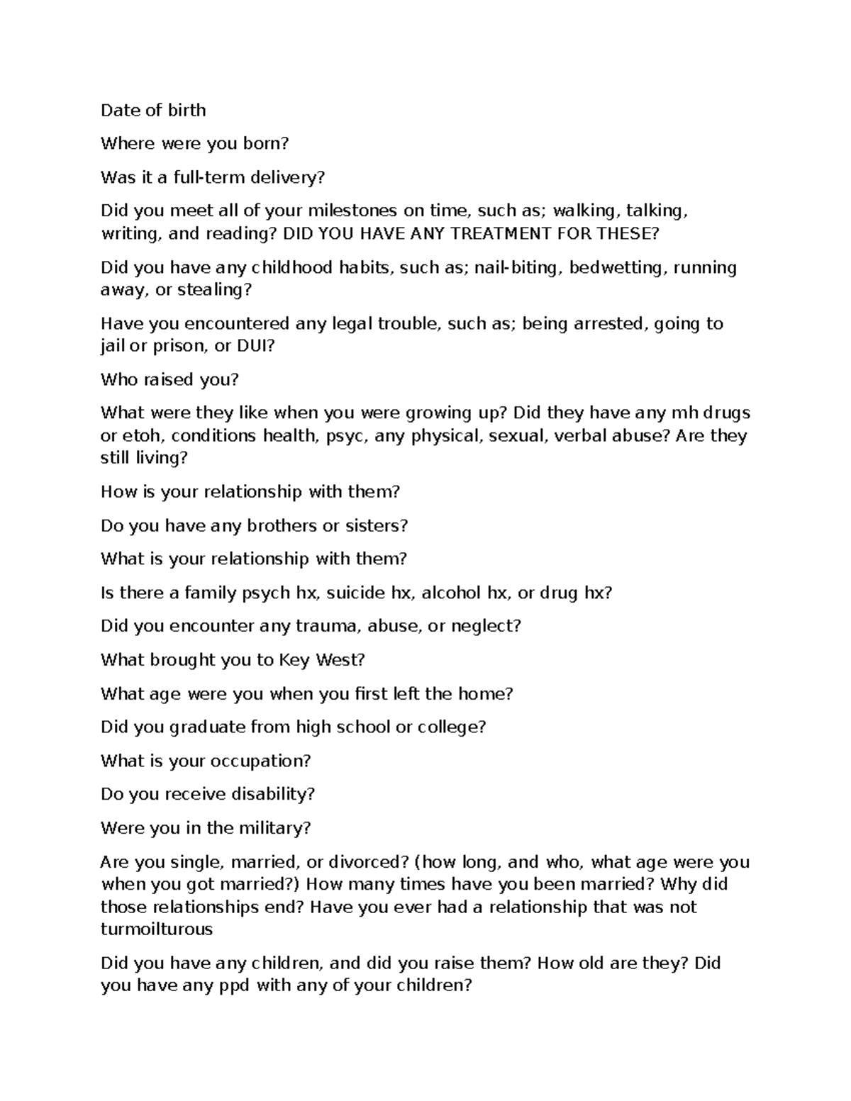 Psychiatric Evaluation Questions: Comprehensive Assessment Guide - Studocu