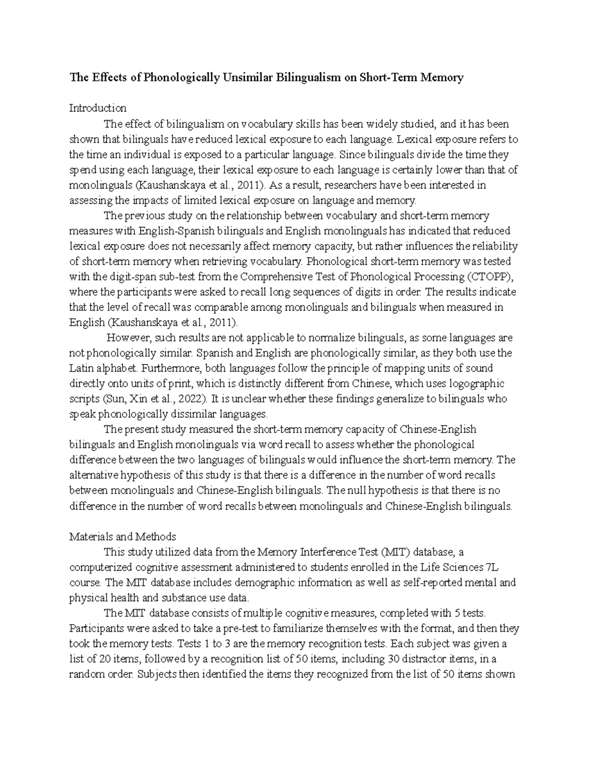 LS7L: The Impact of Phonologically Dissimilar Bilingualism on Memory ...