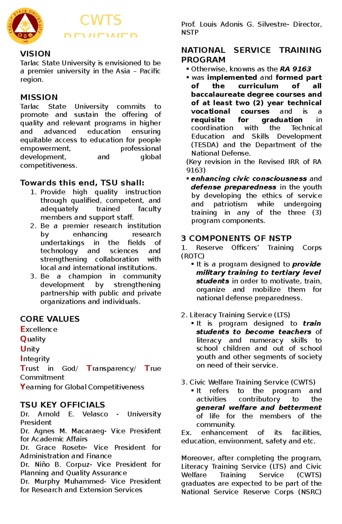 CWTS-Reviewer: National Service Training Program Insights - Studocu