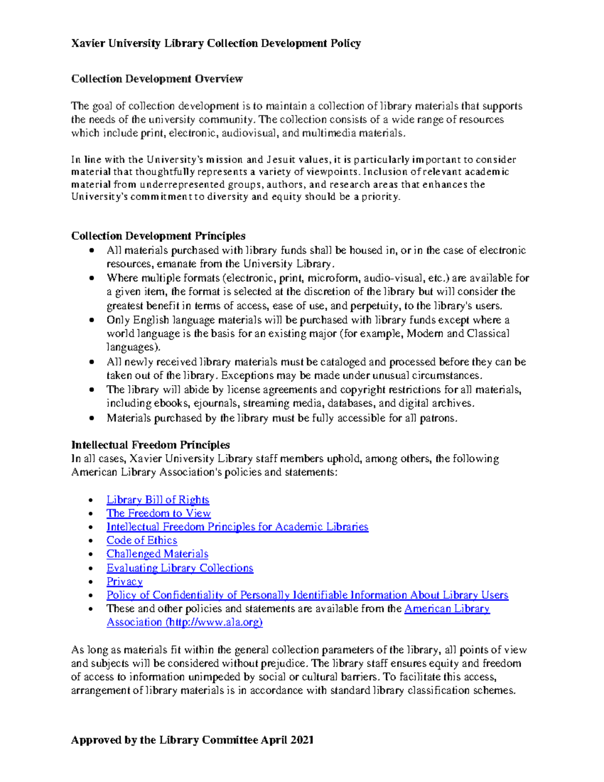 Xavier University Library Collection Development Policy Overview - Studocu