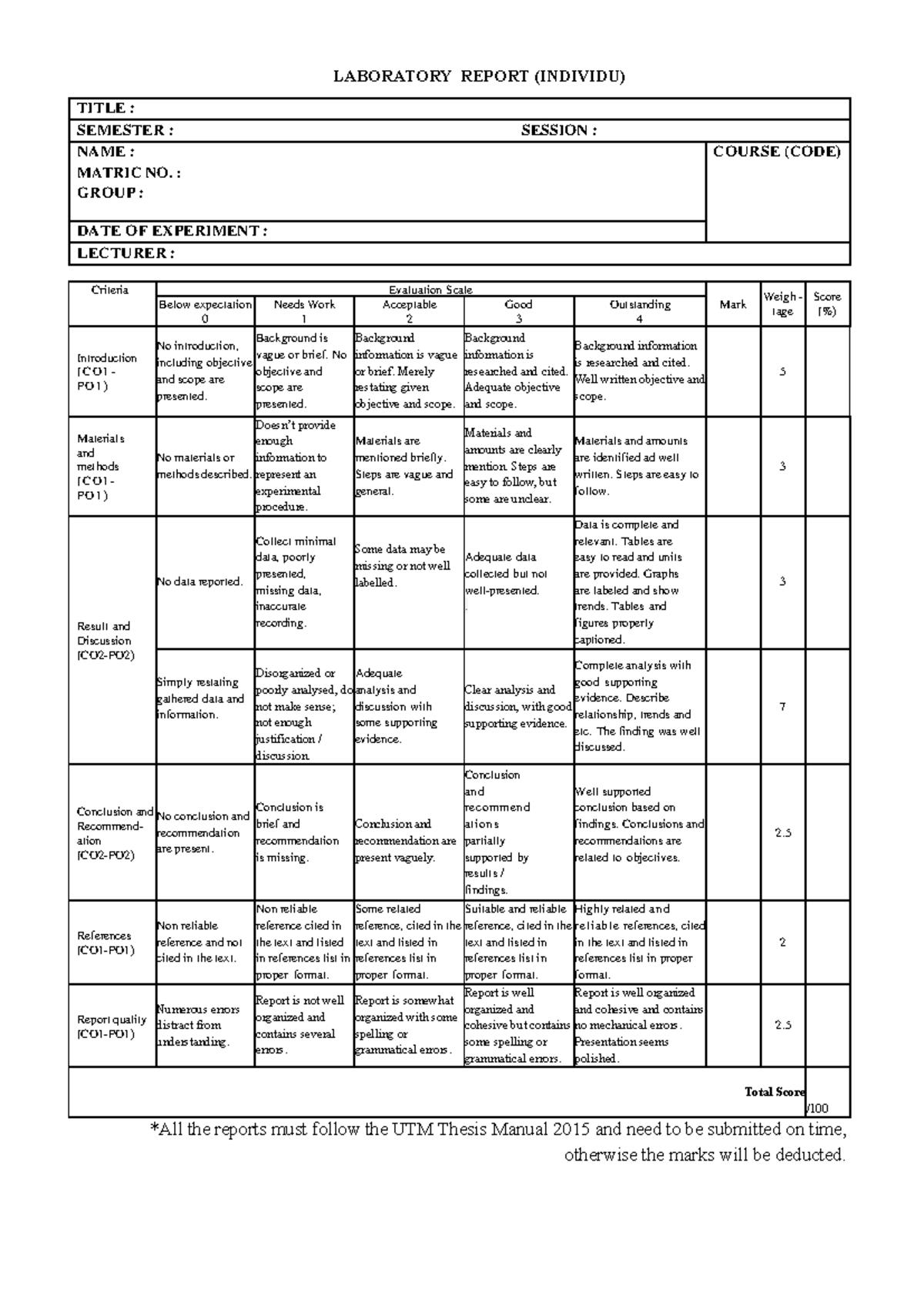 [SMJC 2701] Laboratory Report Evaluation Rubric - Studocu