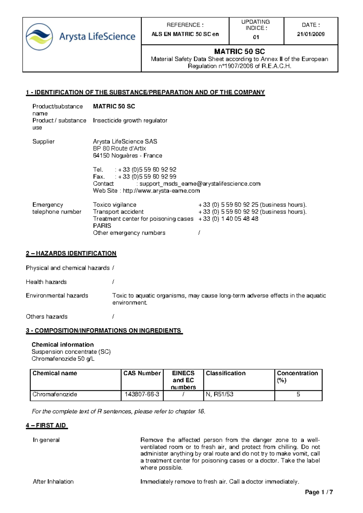 Matric 50 SC Material Safety Data Sheet (MSDS) - ALS AME EN - Studocu