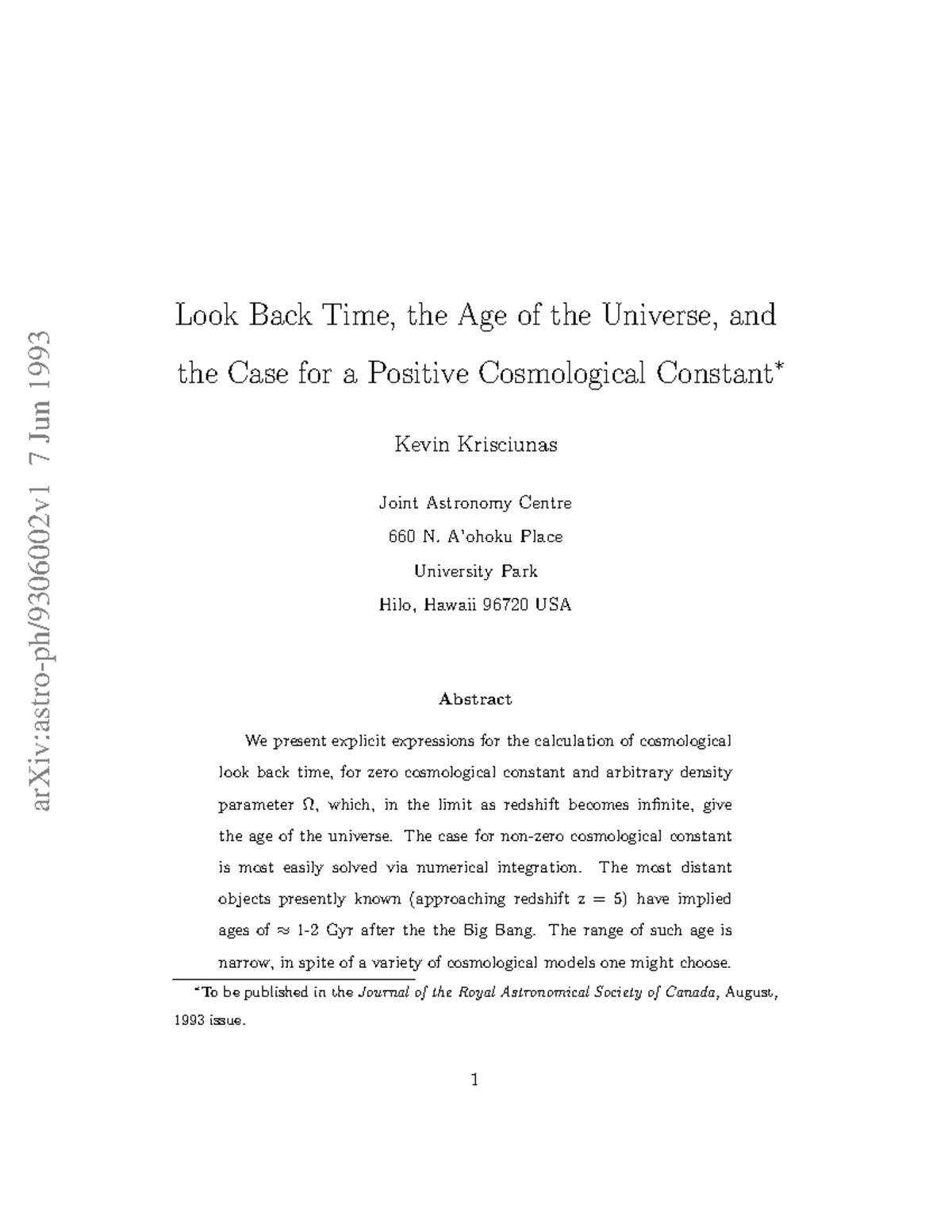 Cosmological Look Back Time and Universe Age Analysis (ASTR 9306002 ...