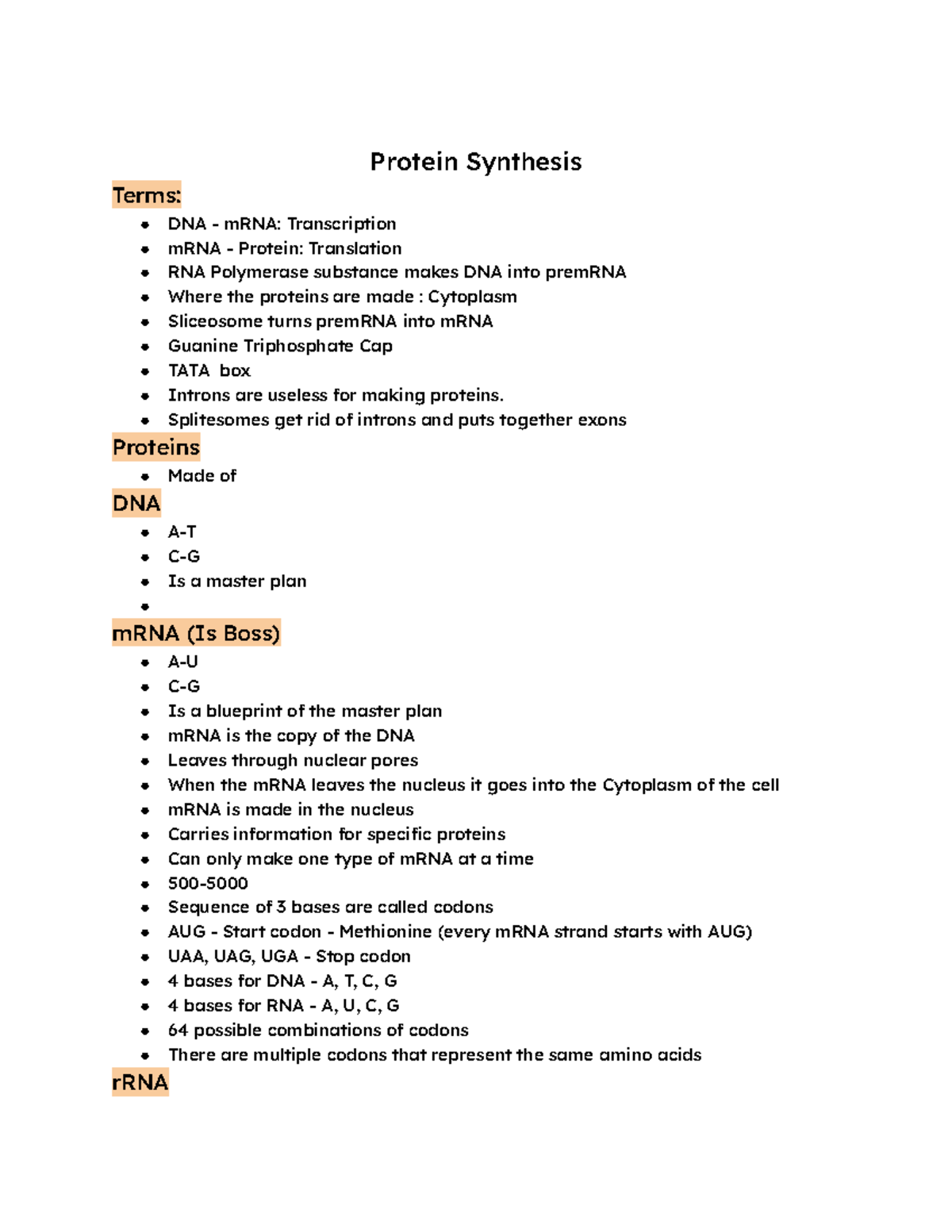 Protein Synthesis Notes: Key Processes in DNA & RNA Translation - Studocu
