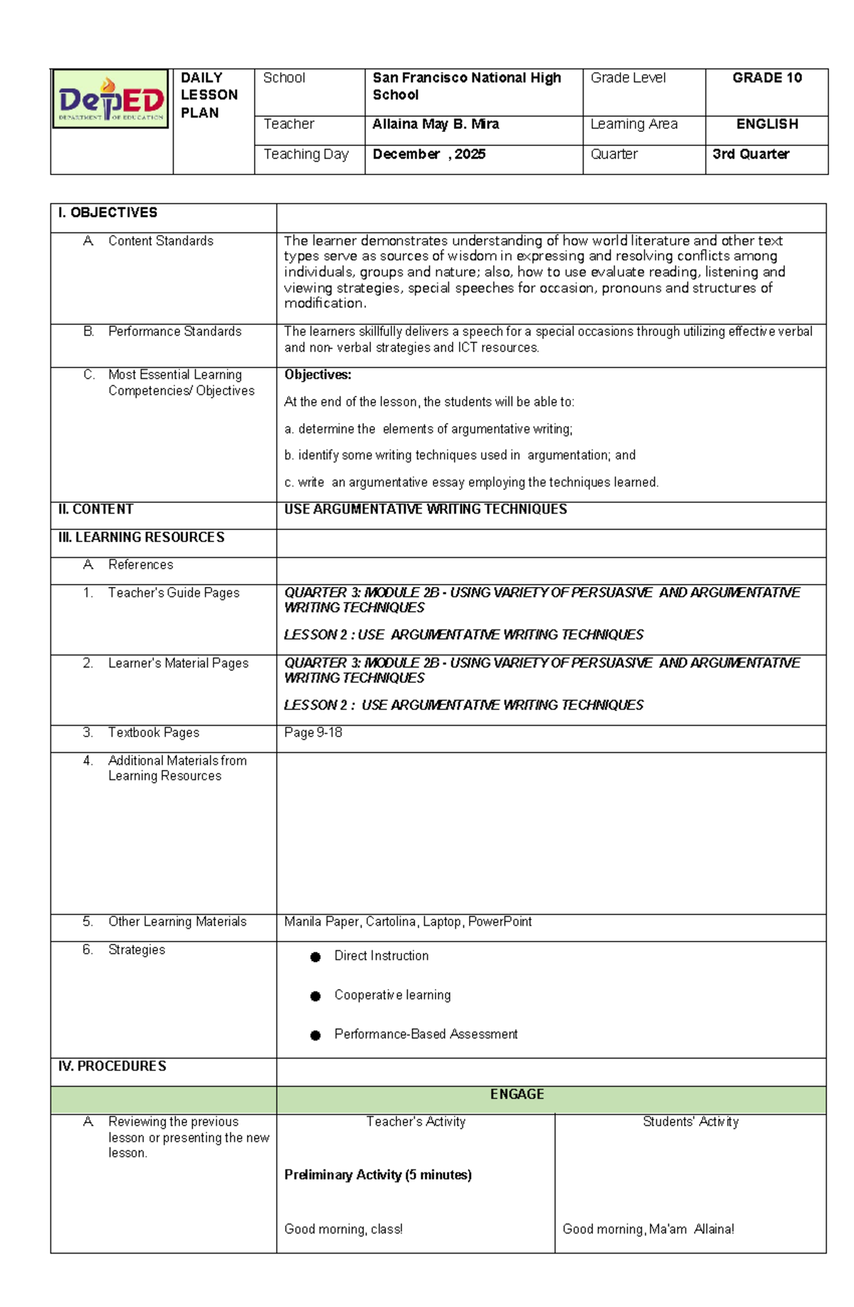 Lesson Plan: Argumentative Writing Techniques - ENG 10, Q3 - Studocu