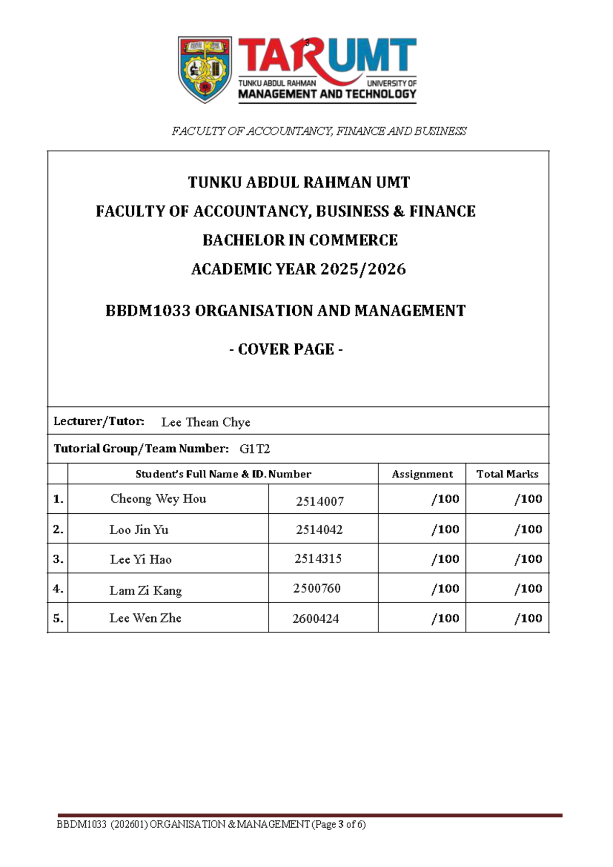 BBDM1033 Organisation and Management Team Assignment Report (202601 ...