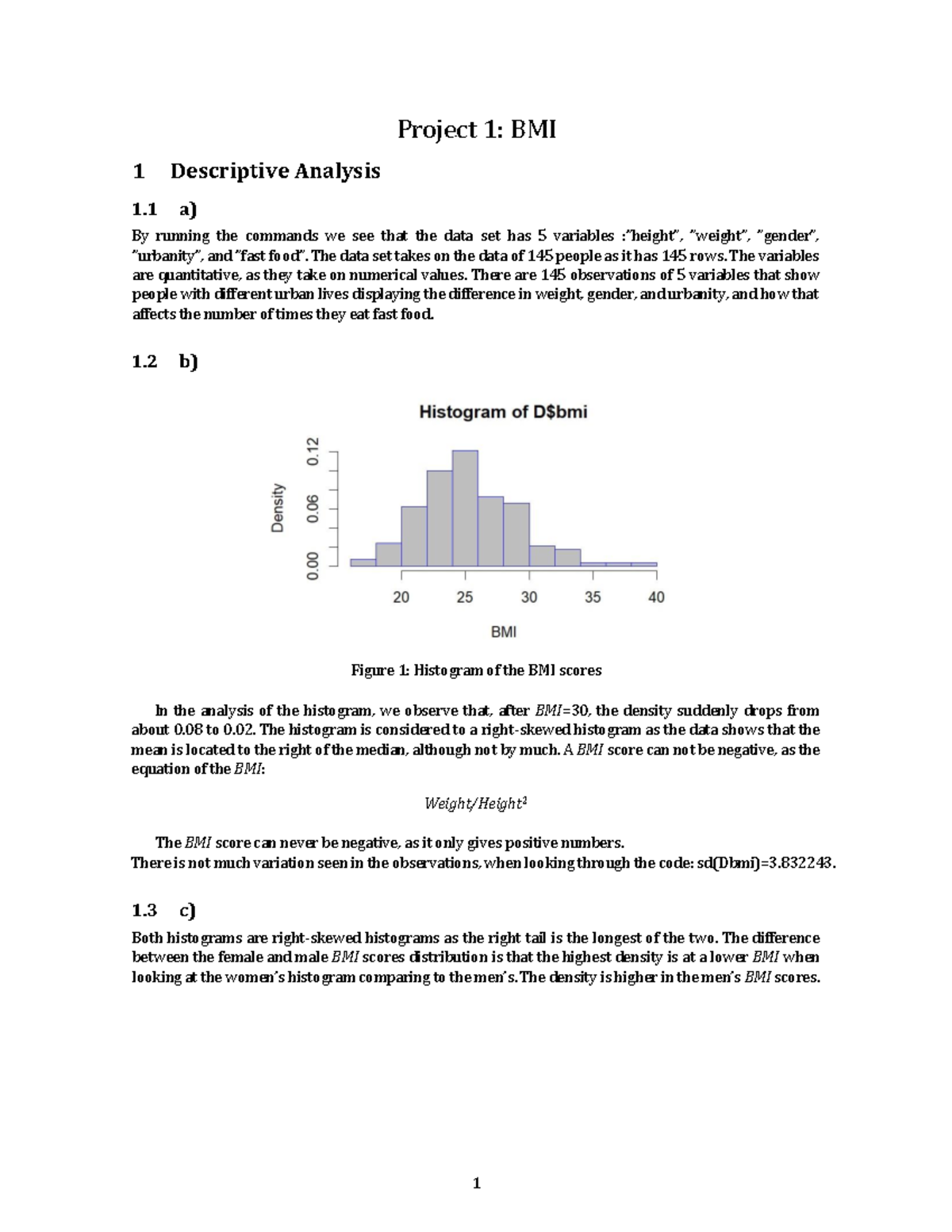 Project 1: BMI Analysis and Statistical Insights - Studocu
