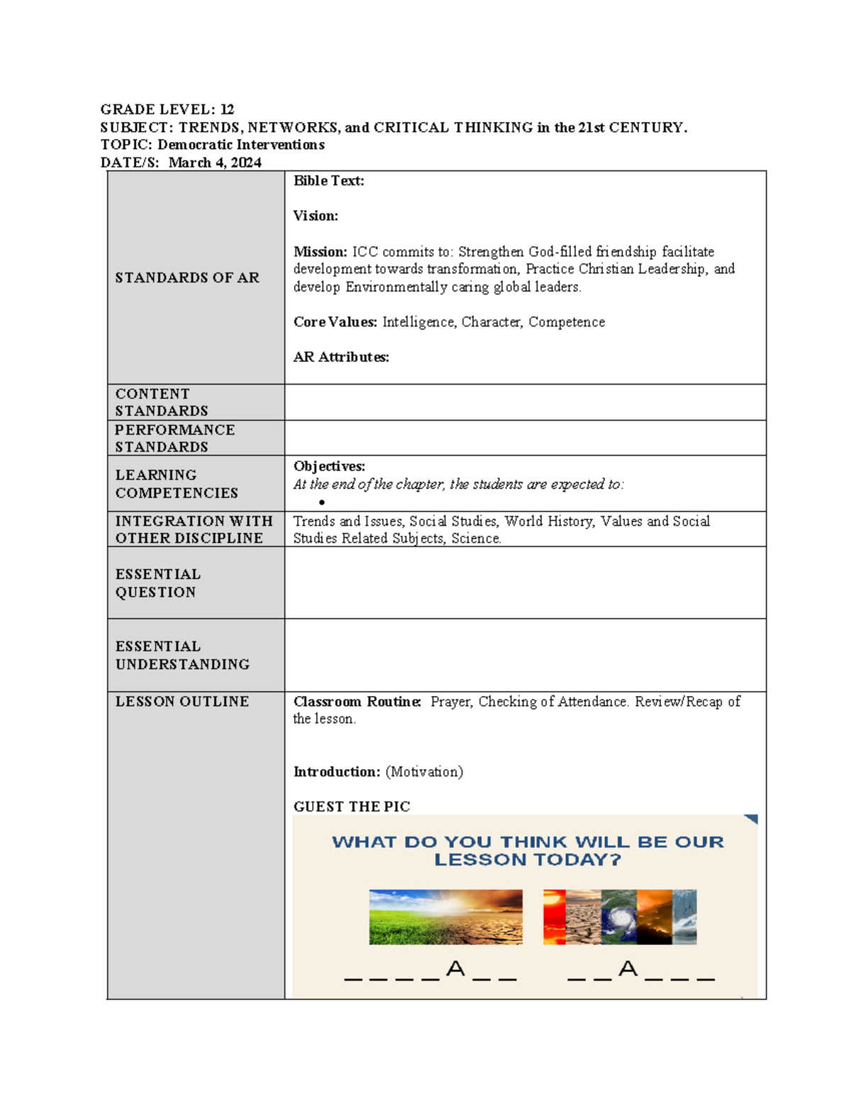 Lesson Plan - CH 12: Chapter 5 on Democratic Interventions - Studocu