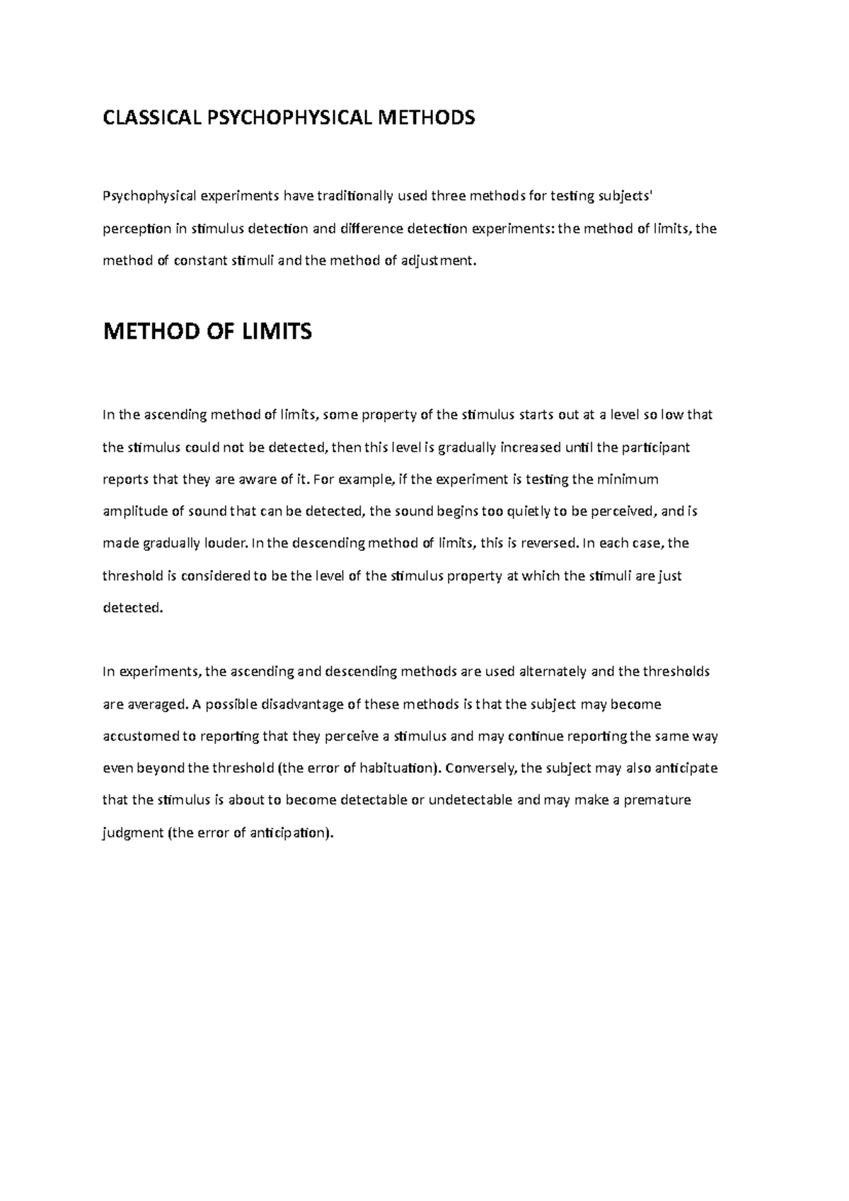 Classical Psychophysical Methods Overview: Limits, Constants ...