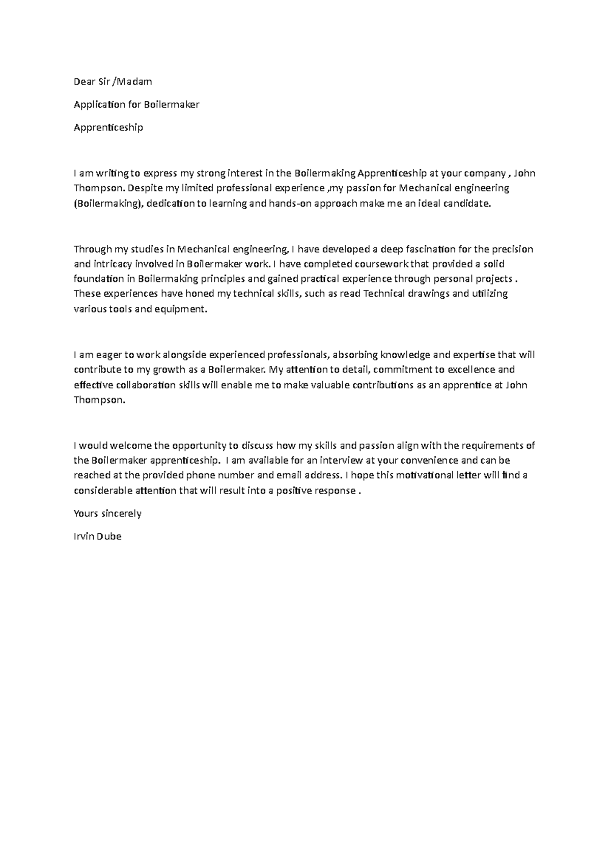 Motivational Letter for Boilermaker Apprenticeship - John Thompson ...