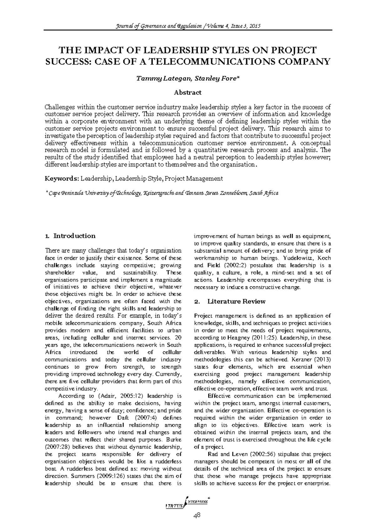 The Impact of Leadership Styles on Project Success: A Case Study in ...