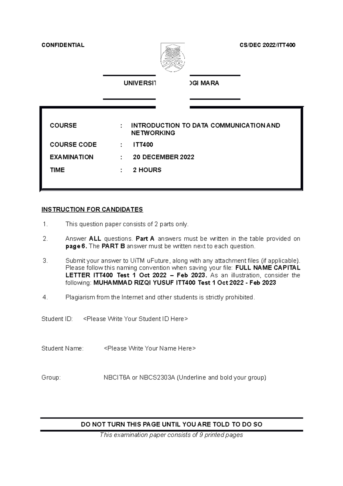 ITT400 Test 1 - Introduction to Data Comm & Networking, Dec 2022 - Document Preview