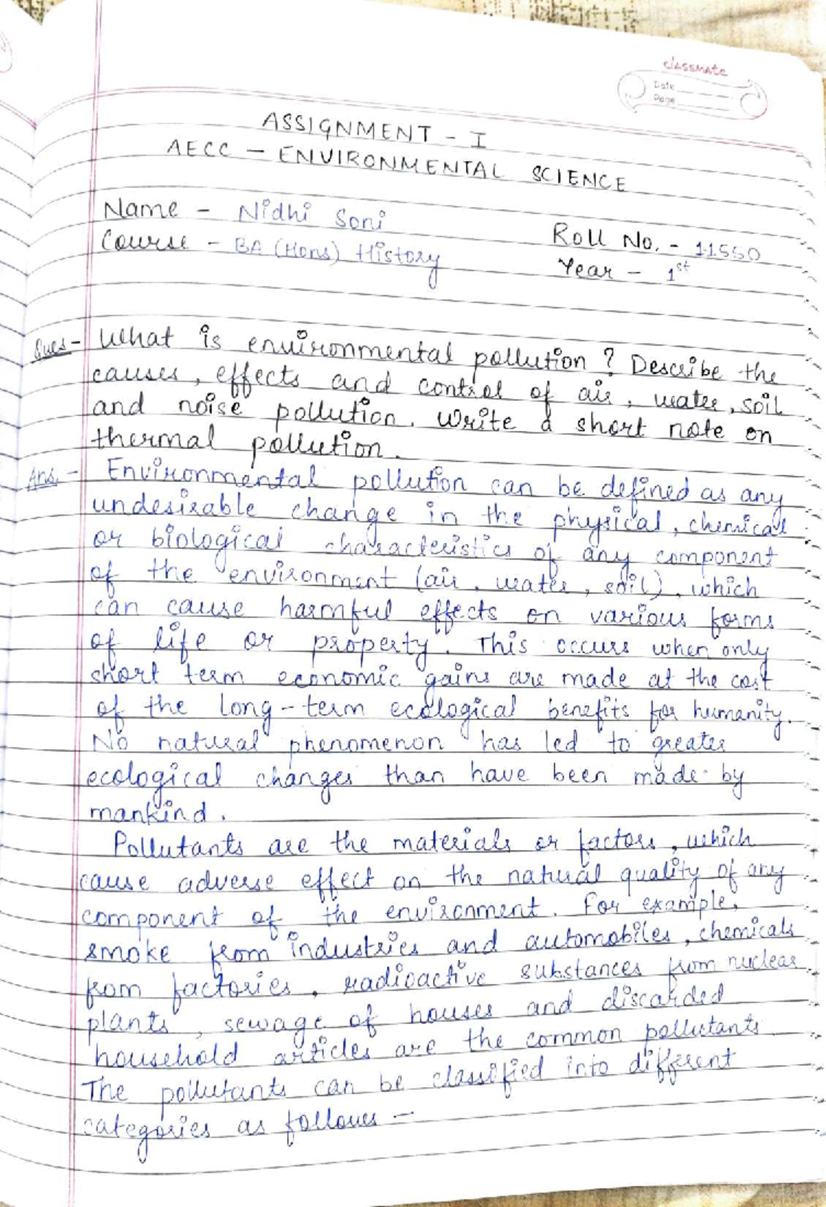 EVS Assignment - Understanding Environmental Pollution - Studocu