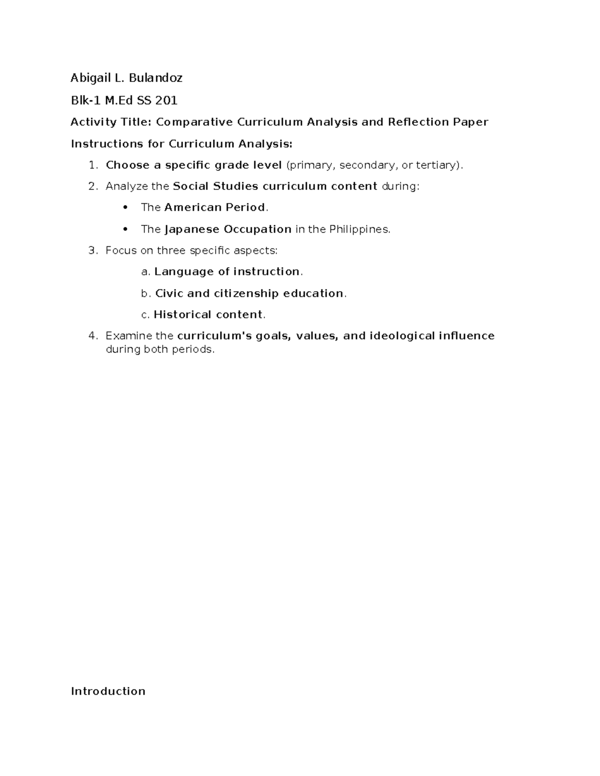 Curriculum Analysis & Reflection Paper (Blk-1 M SS 201) - Studocu