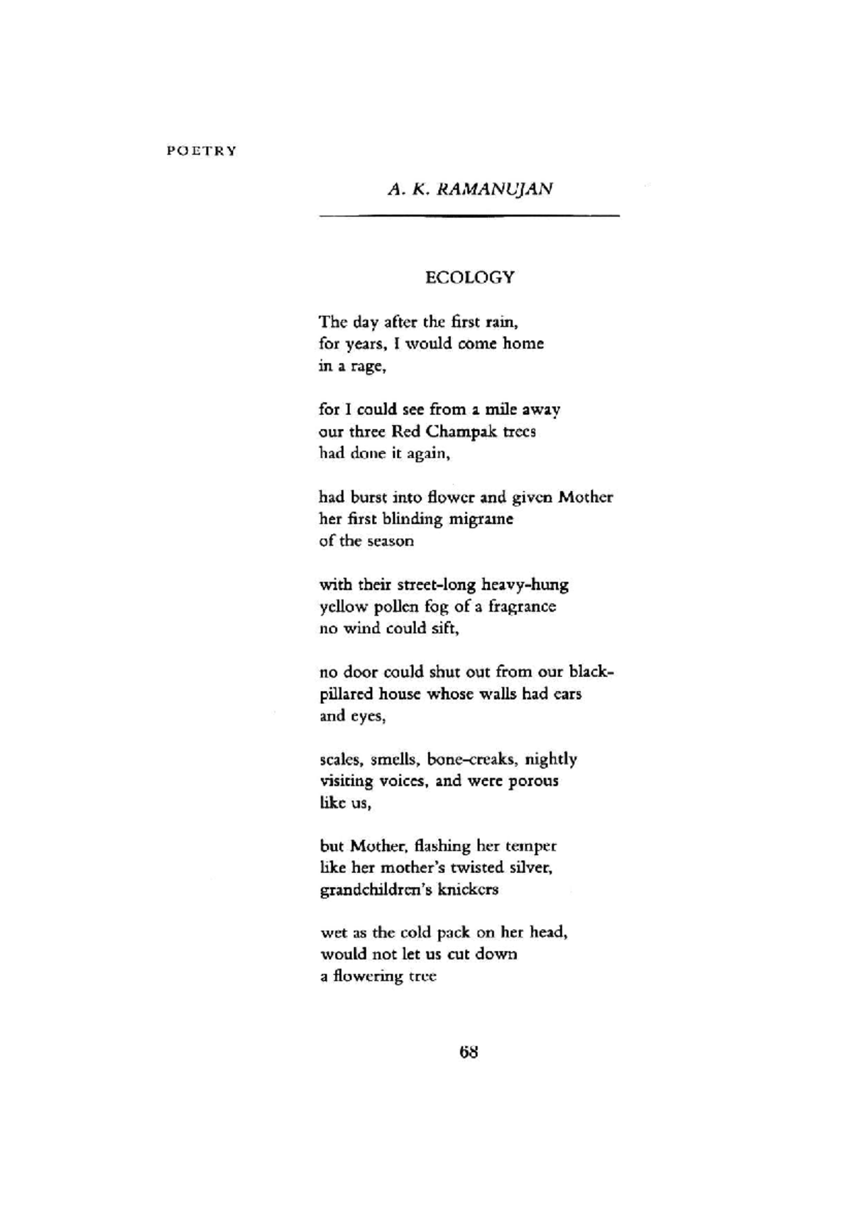Ecology A K Ramanujan Pg 1 - POETRY A. K. RAMANUJAN ECOLOGY The day ...