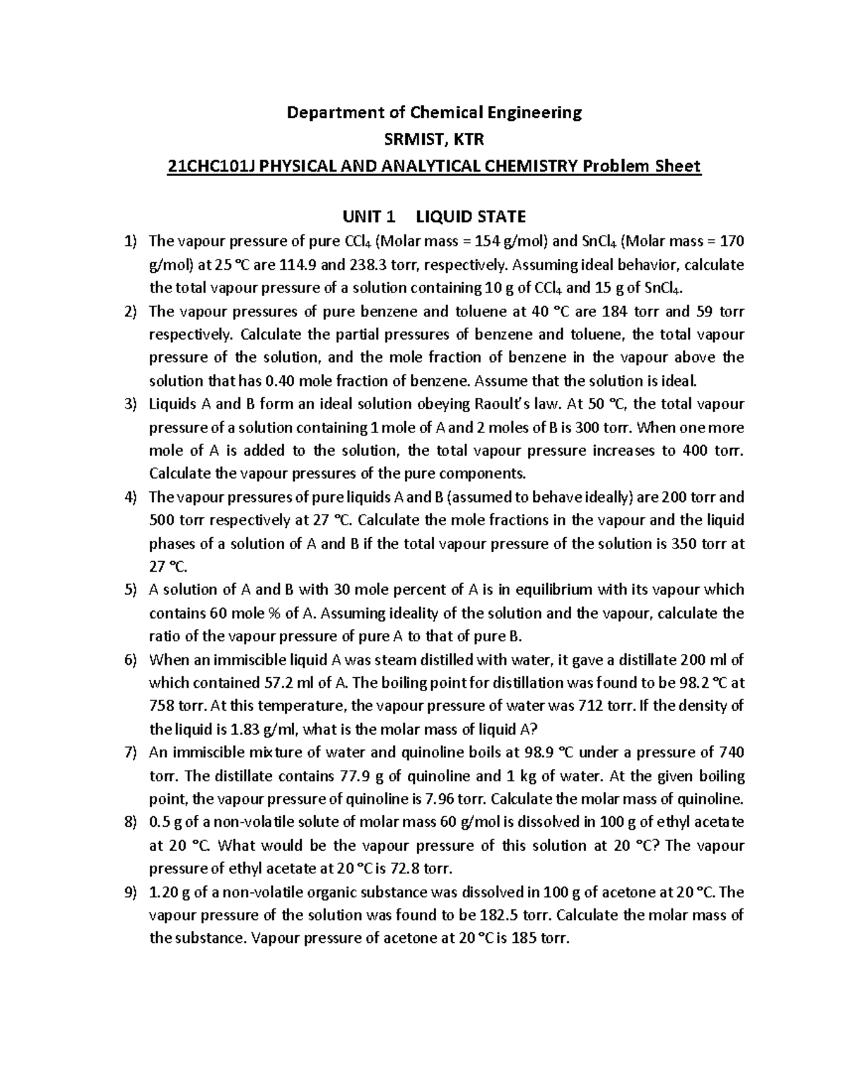 21CHC101J Physical & Analytical Chemistry Problem Sheet - Unit 1 - Studocu