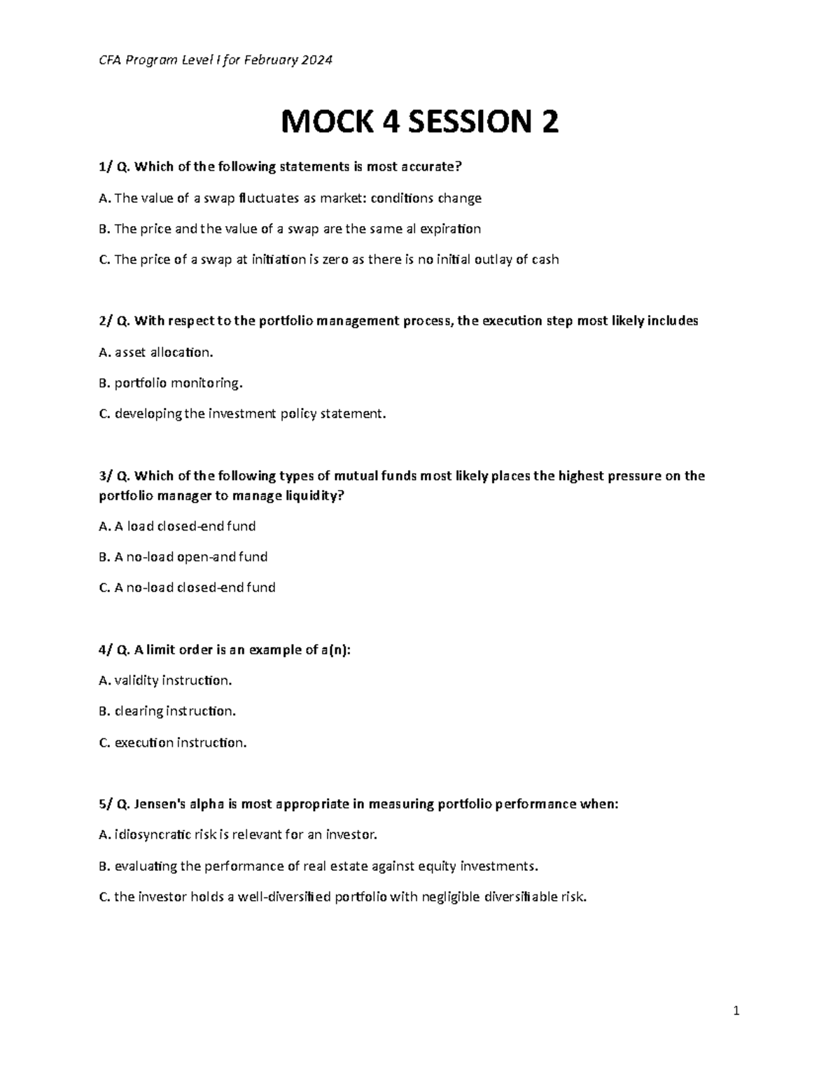 CFA Program Level I February 2024 MOCK 4 Session 2 Exam Review - Studocu