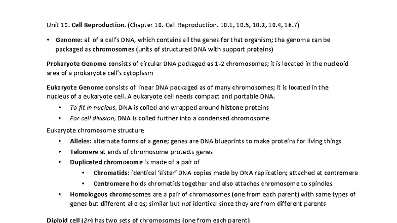 Unit 10: Cell Reproduction Overview for Bio 101 Final Exam - Studocu