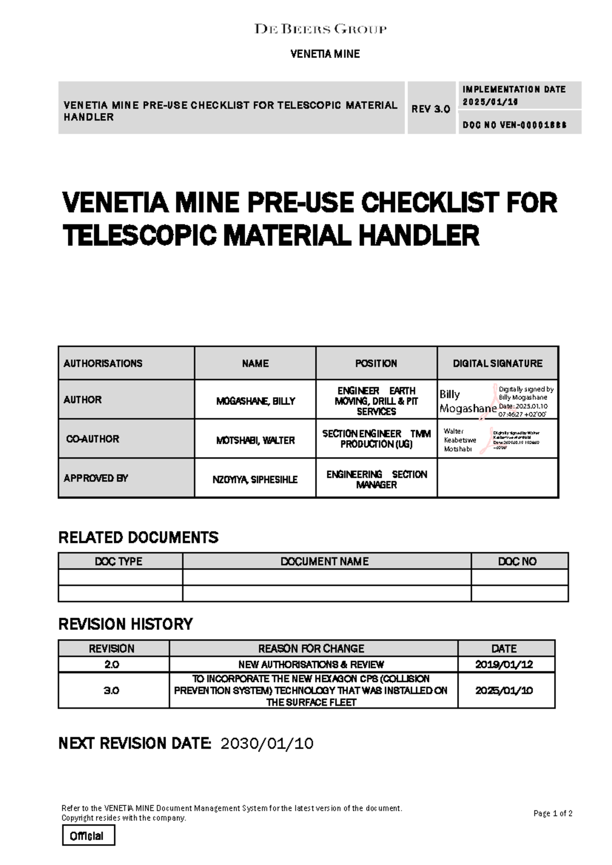 PRE USE Inspection Checklist FOR Telescopic Material Handler 1 - Refer ...