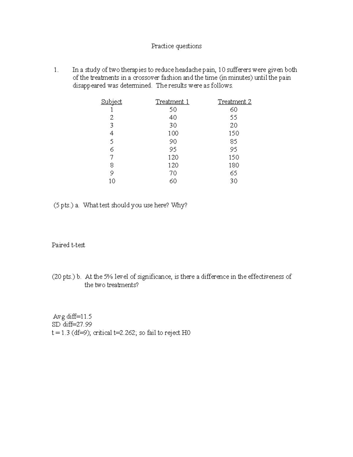 Biostatistics 100A practice questions for final - Practice questions In ...