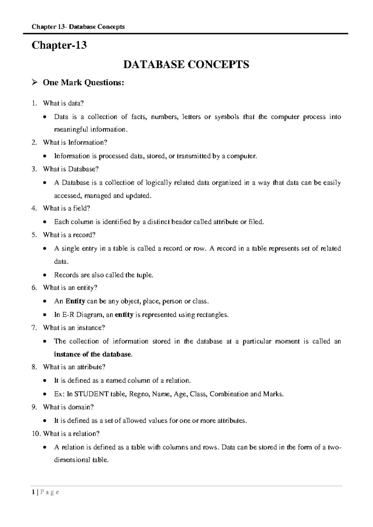 Chapter 13 database concepts - Chapter- DATABASE CONCEPTS One Mark ...