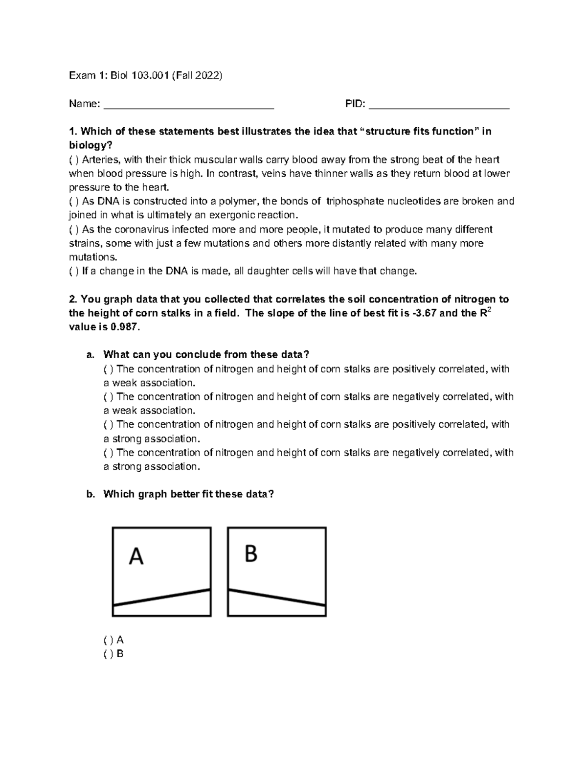 Biol 103.001 Fall 2022 Exam 1 Practice Questions - Studocu