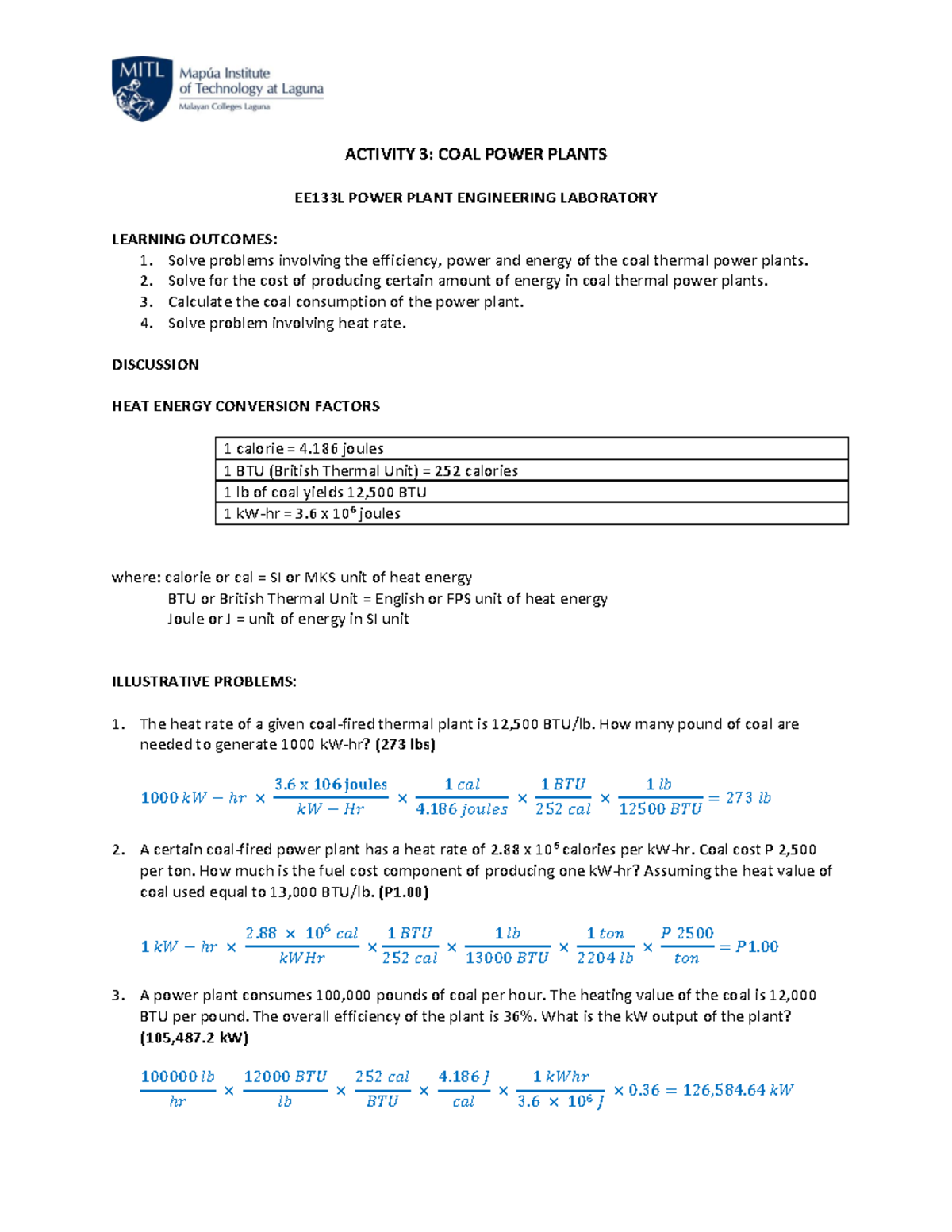 EE133L Activity 3: Coal Power Plant Efficiency & Cost Analysis - Studocu