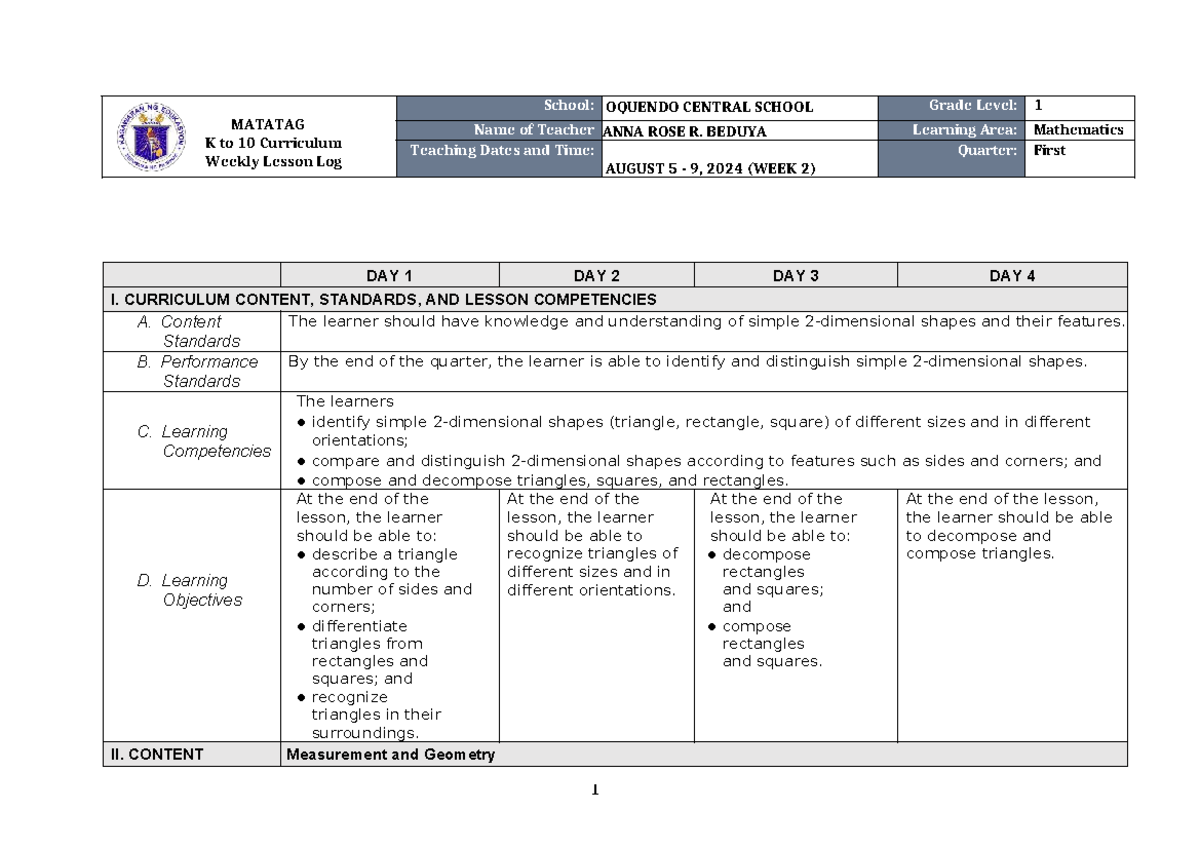 DLL Matatag Mathematics 1 Q1 W2: Weekly Lesson Log on Shapes - Studocu