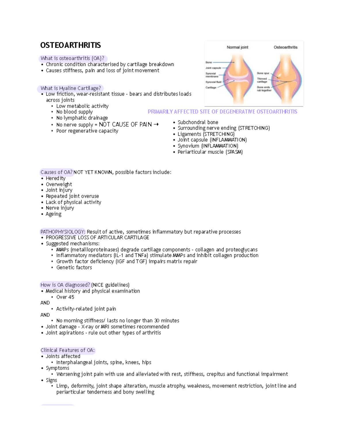 Osteoarthritis - Lecture Notes Week 9: Pathophysiology & Management ...