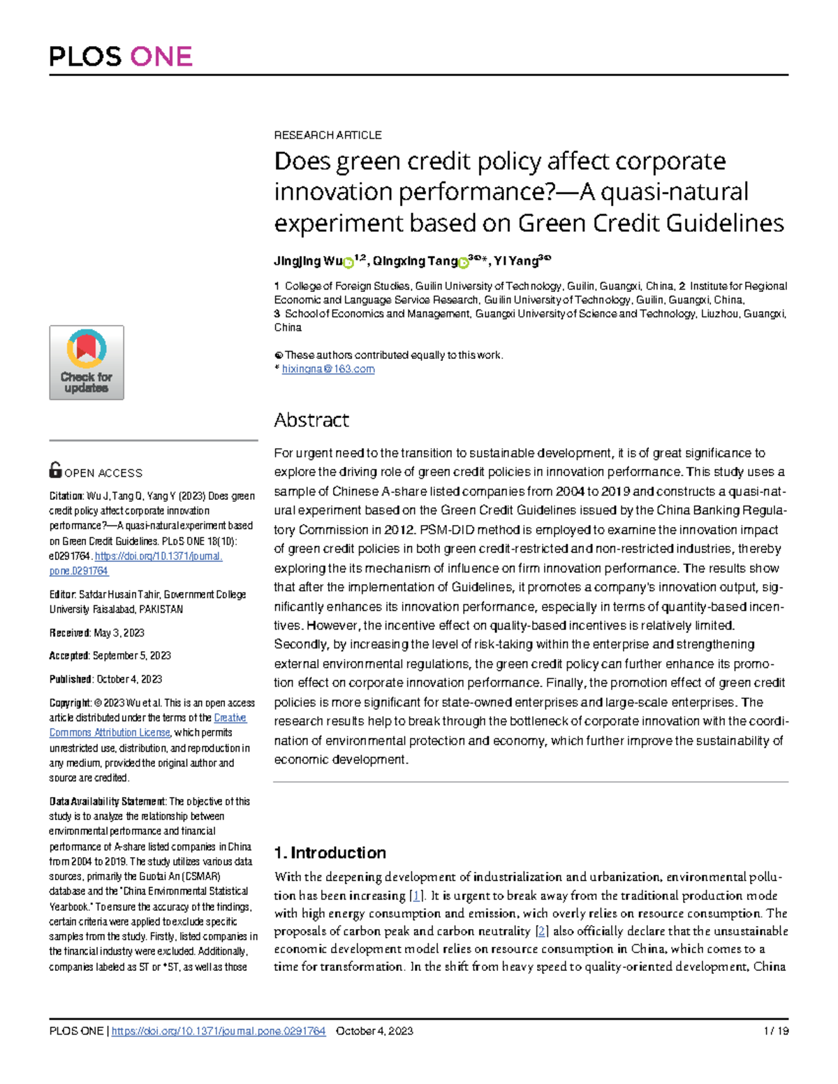 Impact of Green Credit Policies on Corp. Innovation: An Empirical Study ...