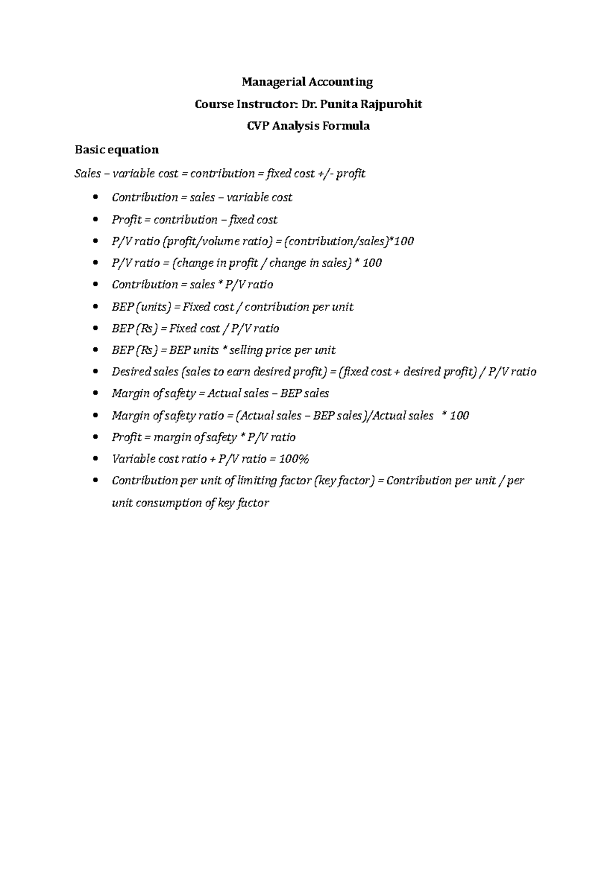 CVP Analysis Formula Overview for Managerial Accounting (ACC101) - Studocu