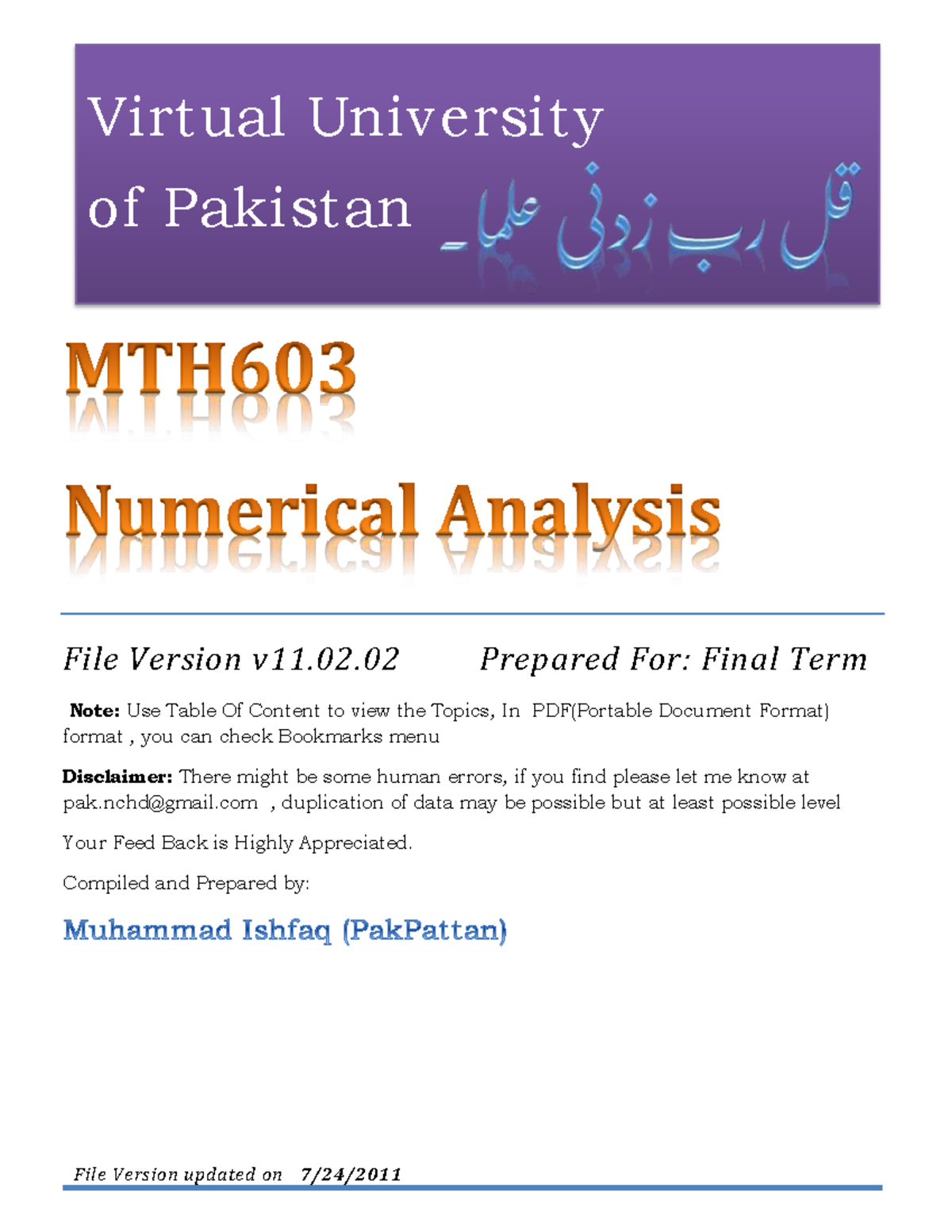 MTH603 Final Term Notes on Numerical Analysis - GIGA FILE v11 - Studocu