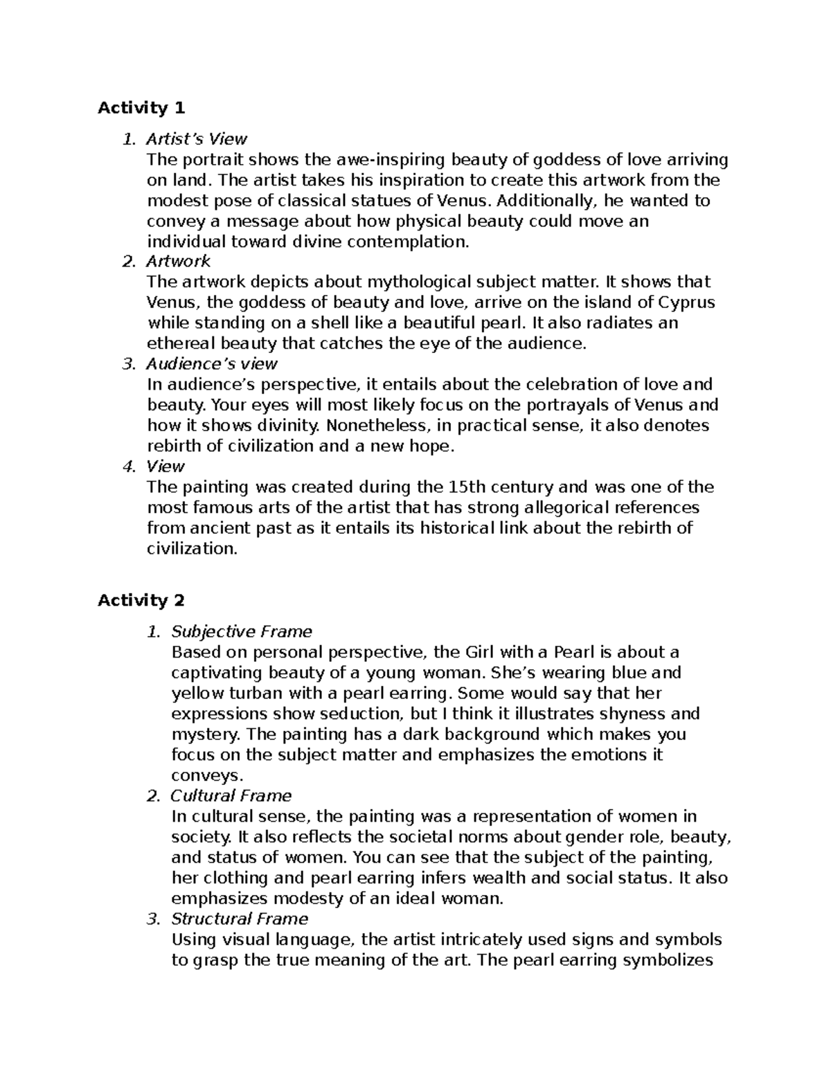 GE 20 Reading Visual Arts Chapter 3 Answers - Activity 1 1. Artist’s ...