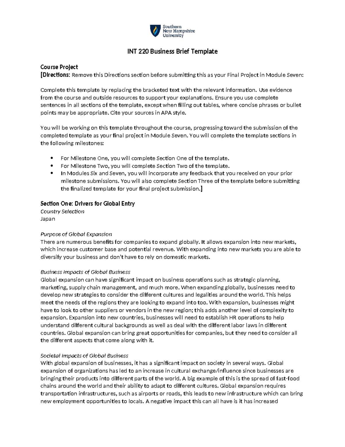 INT 220 Business Brief Template: Global Expansion Project - Studocu
