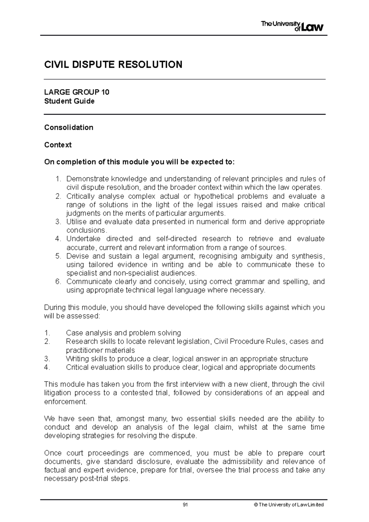 LG10 - Civil Dispute Resolution Student Guide & Skills Development ...