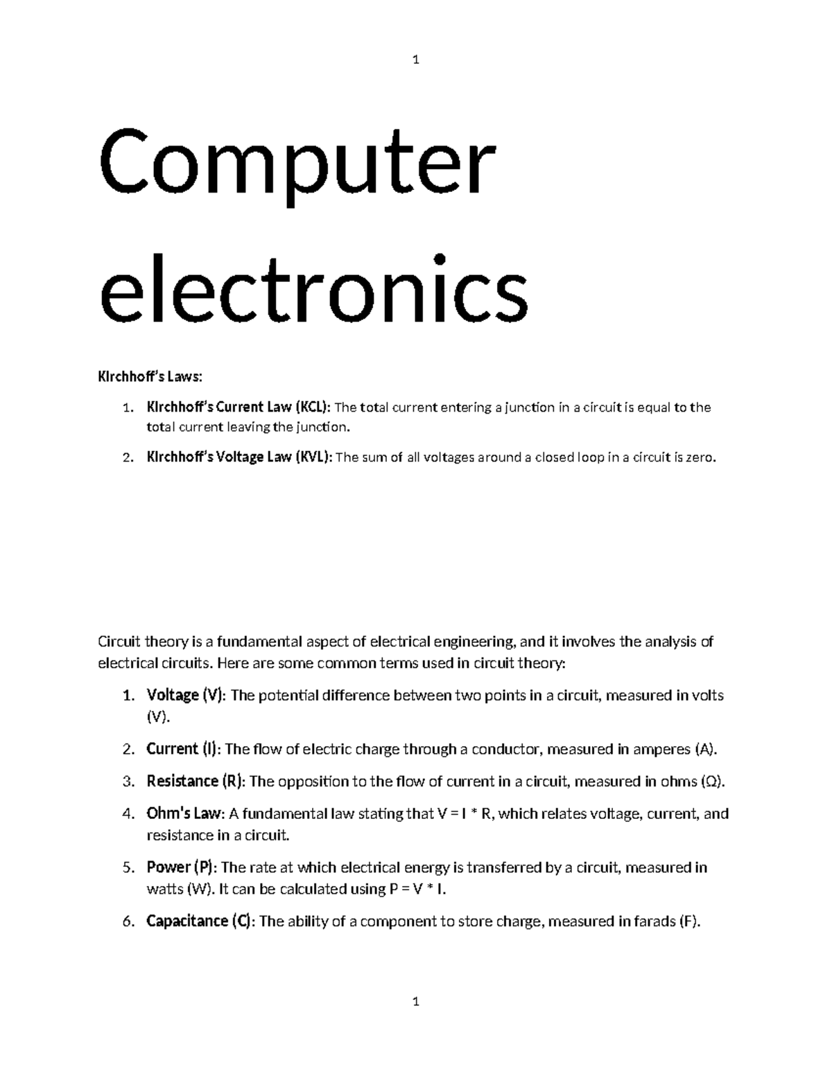 Computer Electronics Summary: KCL & KVL Principles and Applications ...