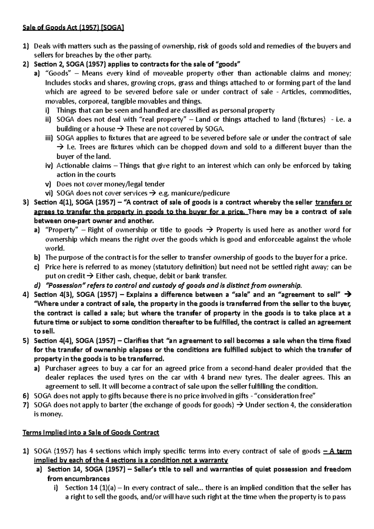 SOGA (1957) - Comprehensive Notes on Sale of Goods Act and Its ...
