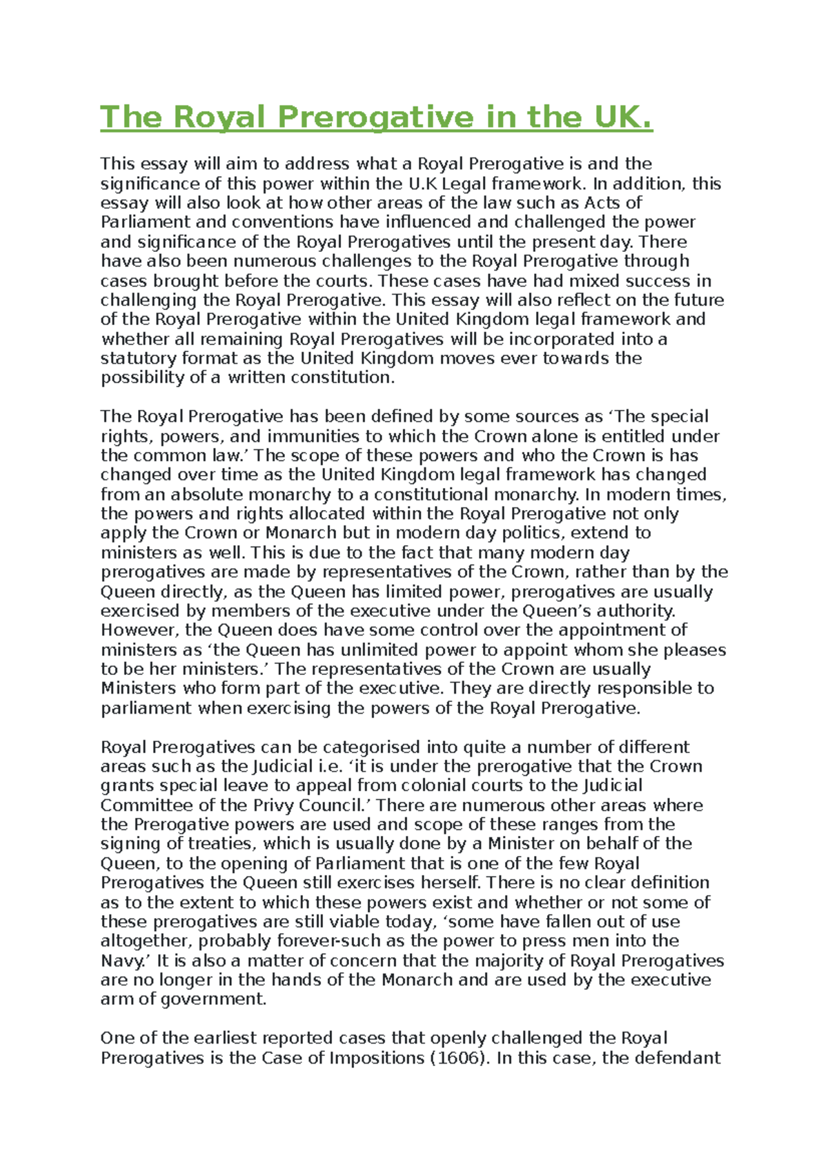 The Royal Prerogative in the UK essay - This essay will aim to address ...