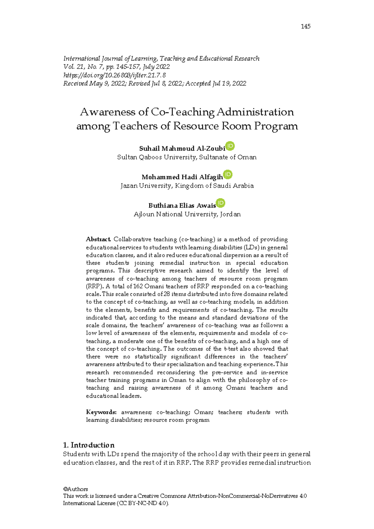 Awareness of Co-Teaching Among Teachers of Learning Disabilities in ...