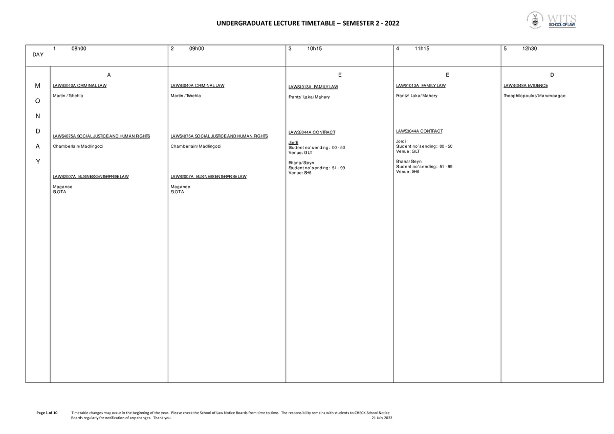 2022 Semester 2 Final Timetable - Page 1 of 10 Timetable changes may ...