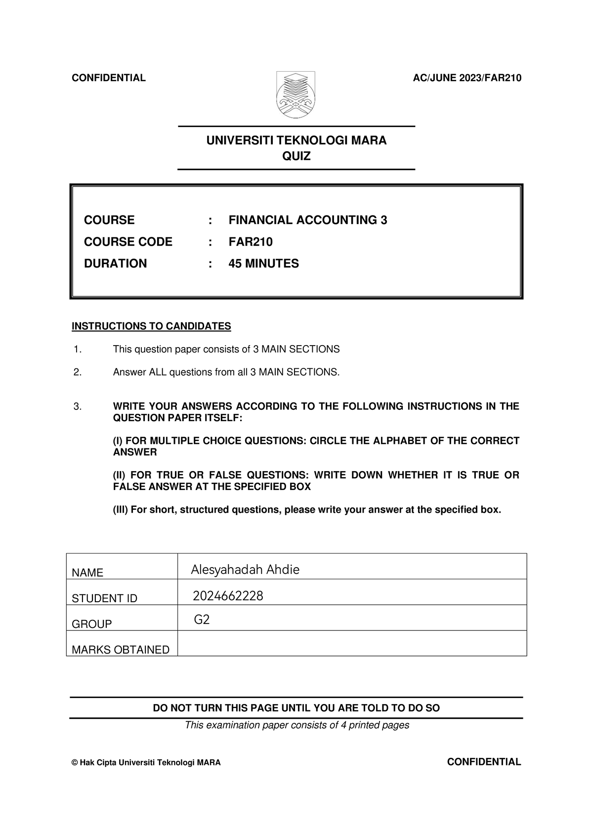 FAR210 Financial Accounting 3 Quiz - Confidential Exam Paper - Studocu