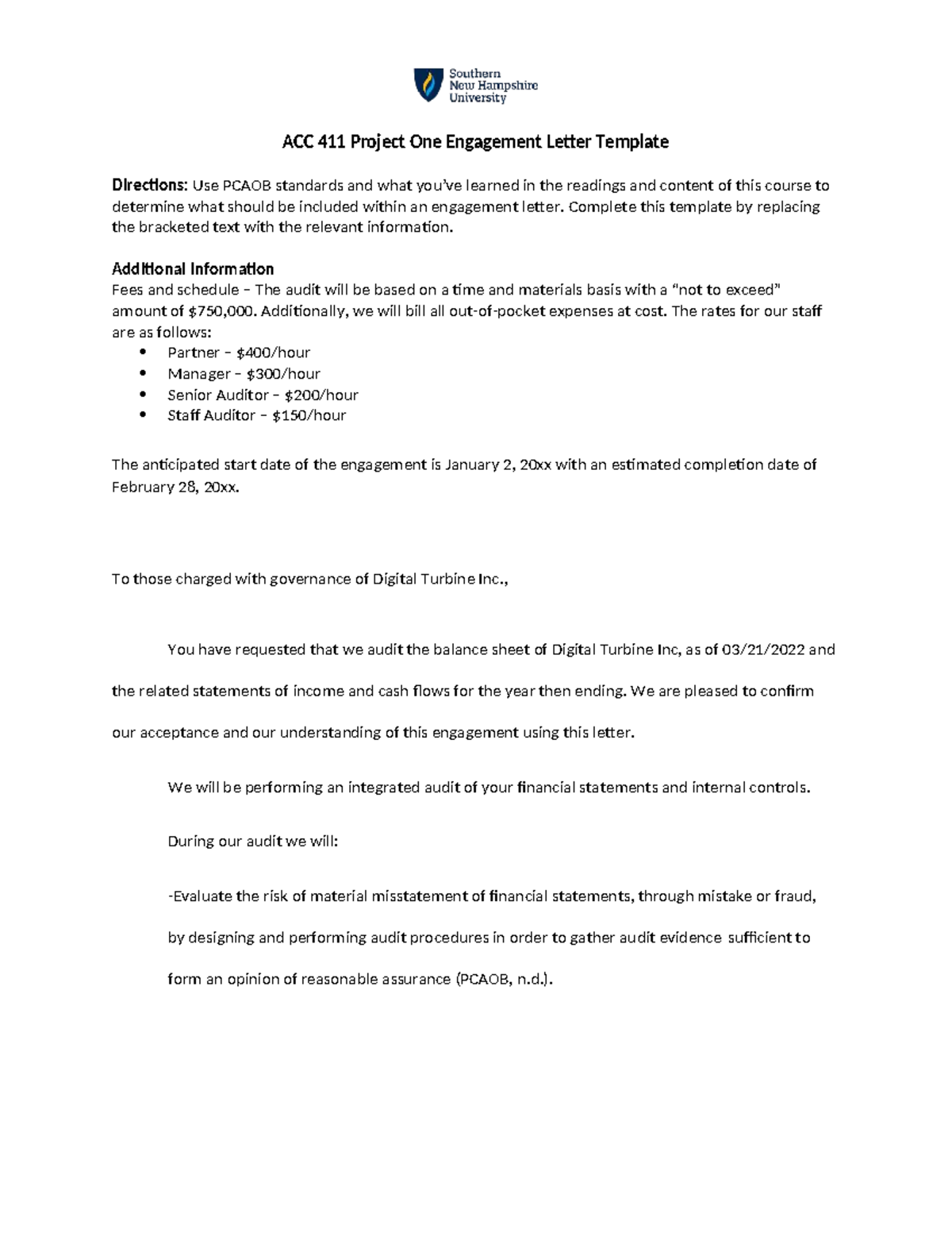 ACC 411 Project One: Engagement Letter Template Guide - Studocu