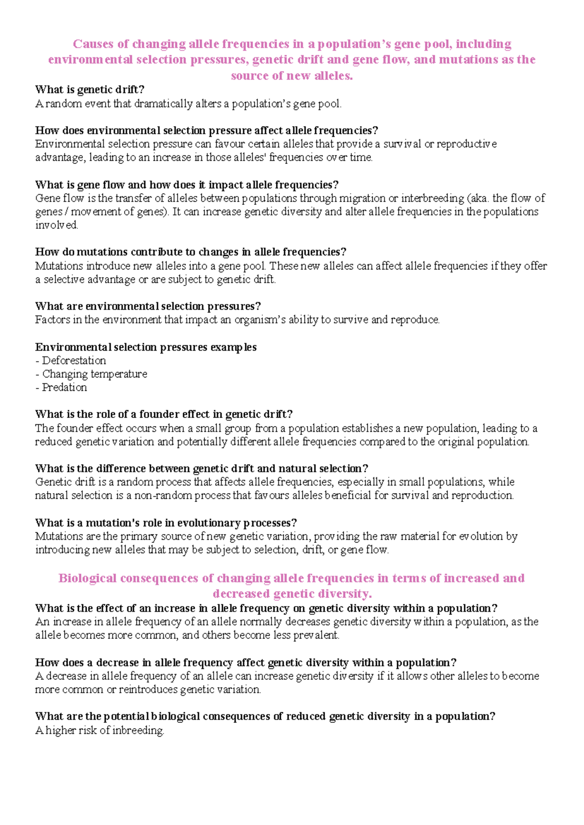 Unit 4 AOS 2: Study Questions on Genetic Variation and Evolution - Studocu