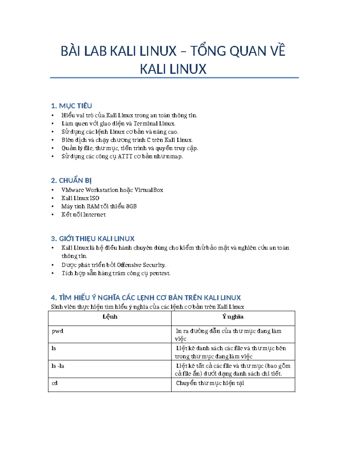 BÀI LAB KALI LINUX: TỔNG QUAN VÀ CÁC LỆNH CƠ BẢN - Studocu