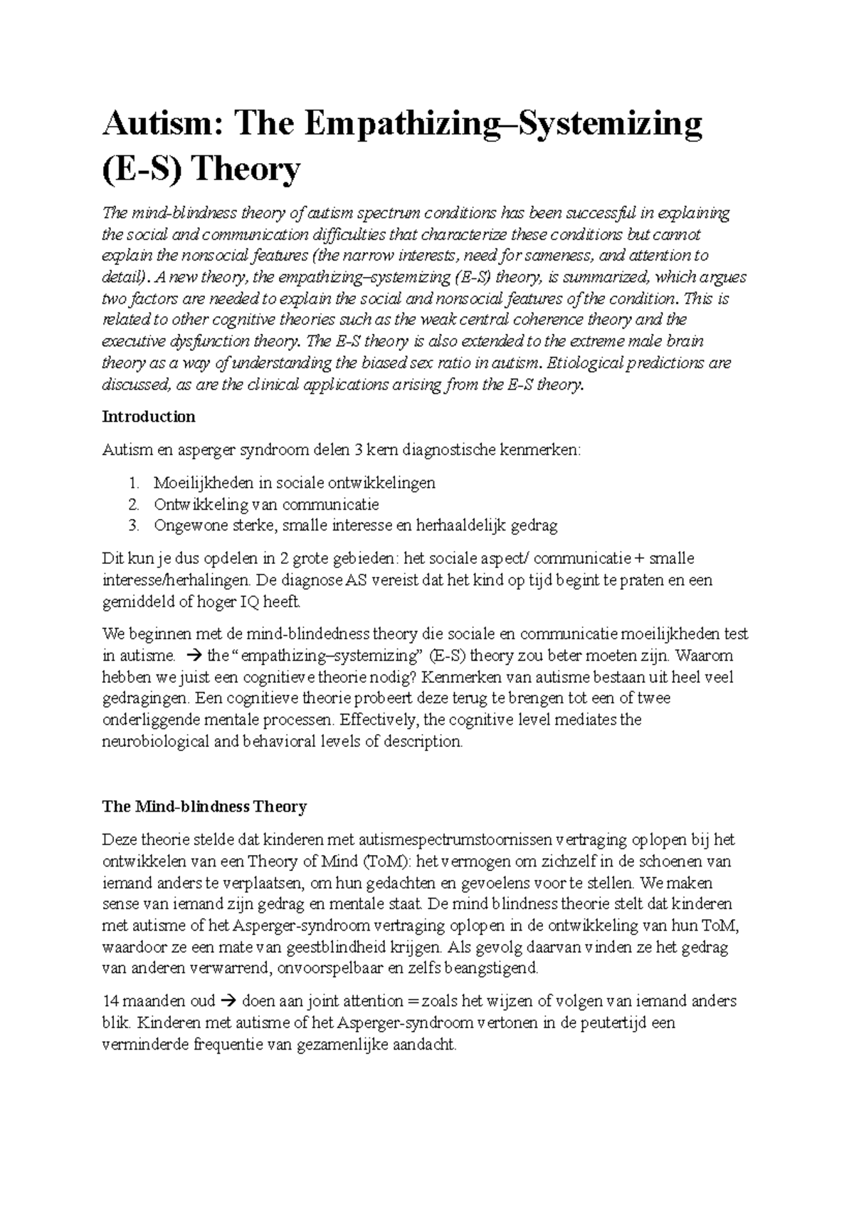 Autism and the Empathizing–Systemizing (E-S) Theory Overview - Studeersnel