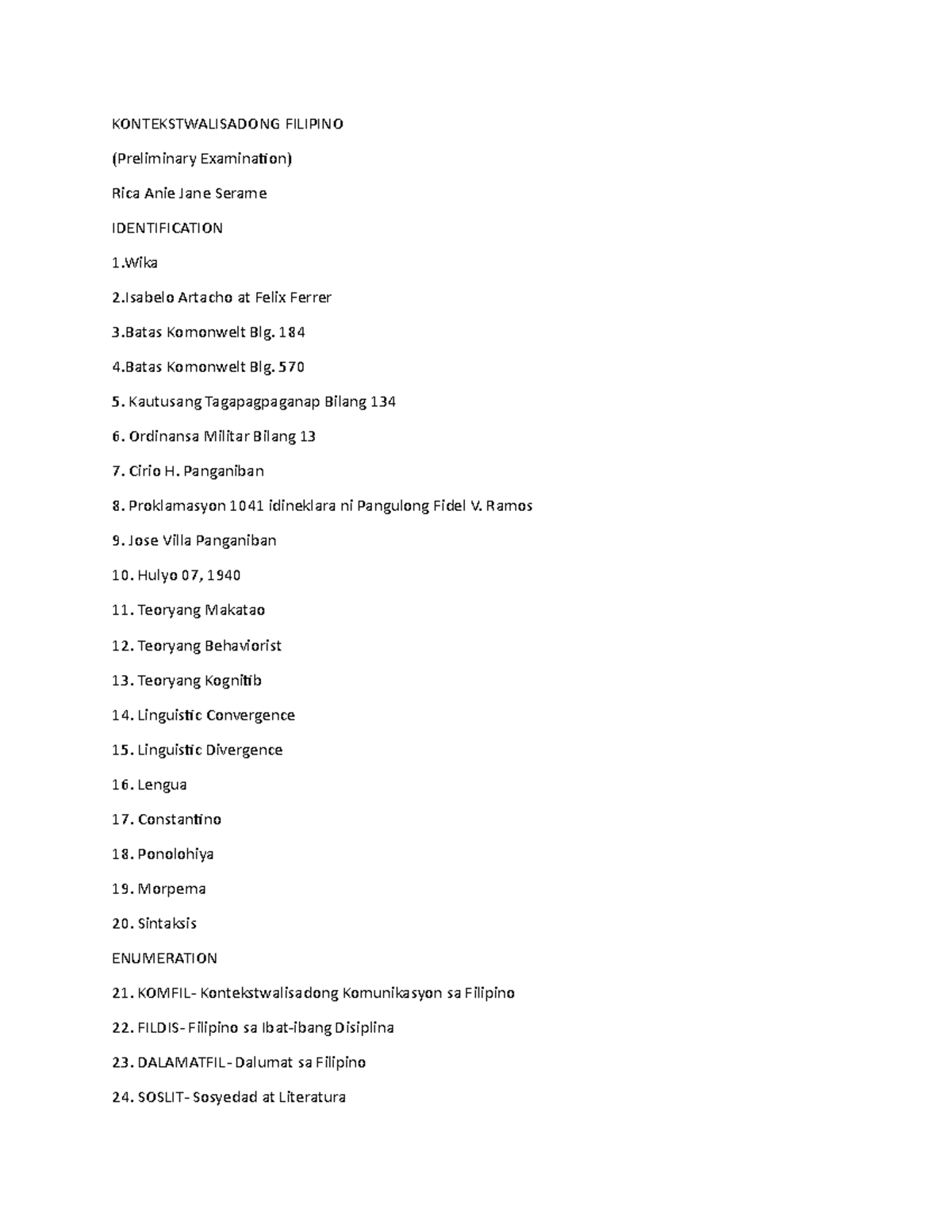KONTEKSTWALISADONG FILIPINO (Prelim Exam) - Identification ...
