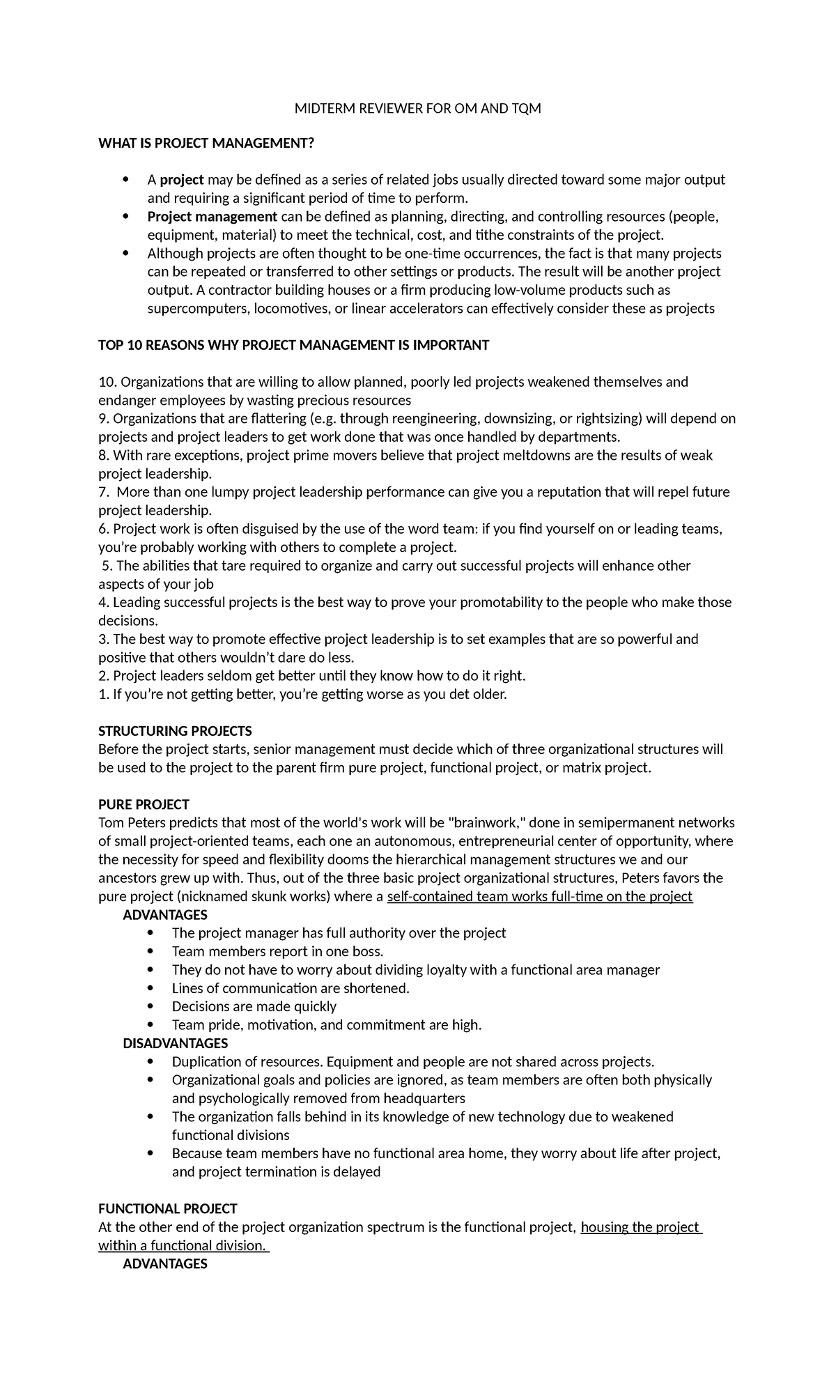 Midterm Review Notes for OM and TQM: Project Management Fundamentals ...
