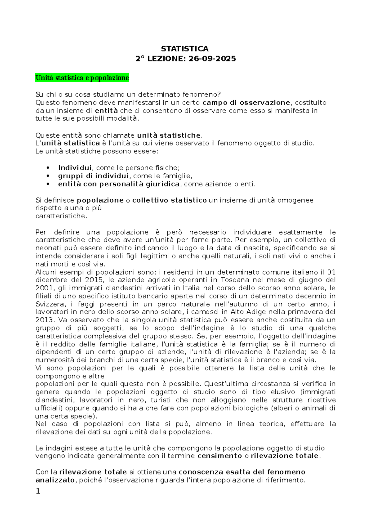 STATISTICA LEZIONE: Unità Statistiche e Popolazioni nel Fenomeno ...