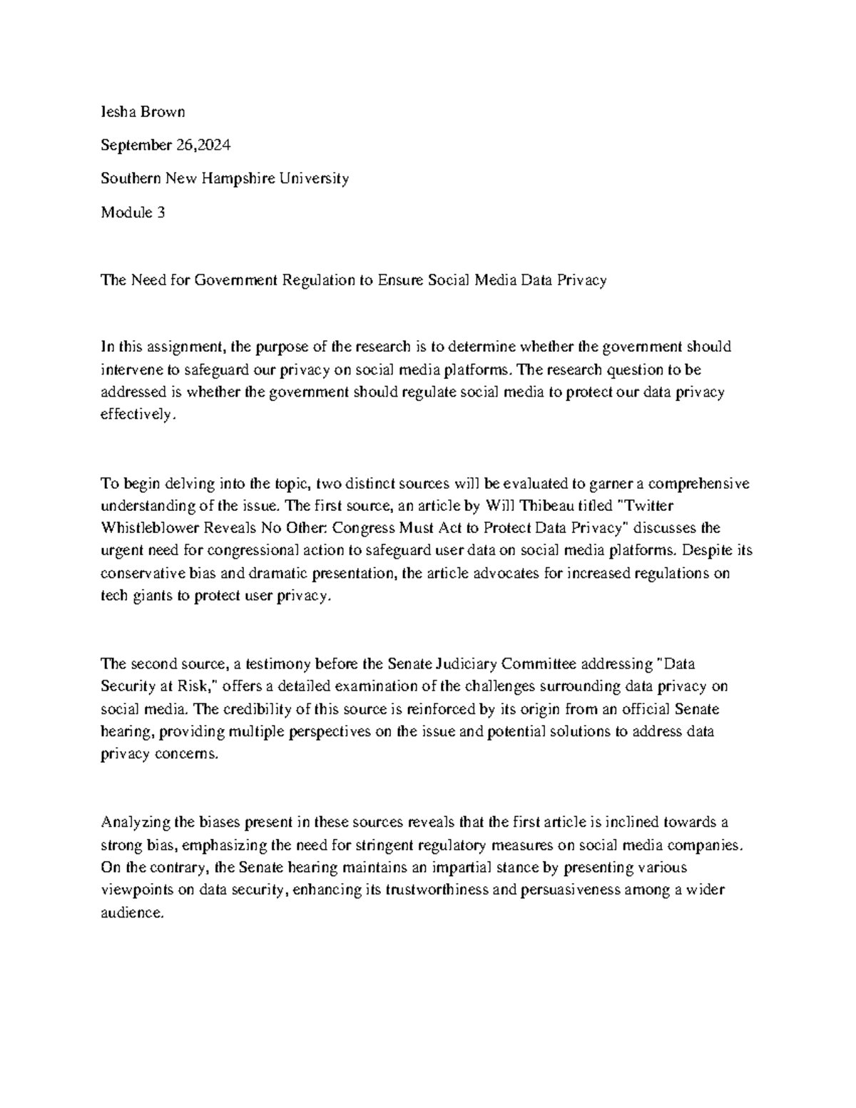 Module 3 Assignment: Gov. Regulation & Social Media Data Privacy - Studocu