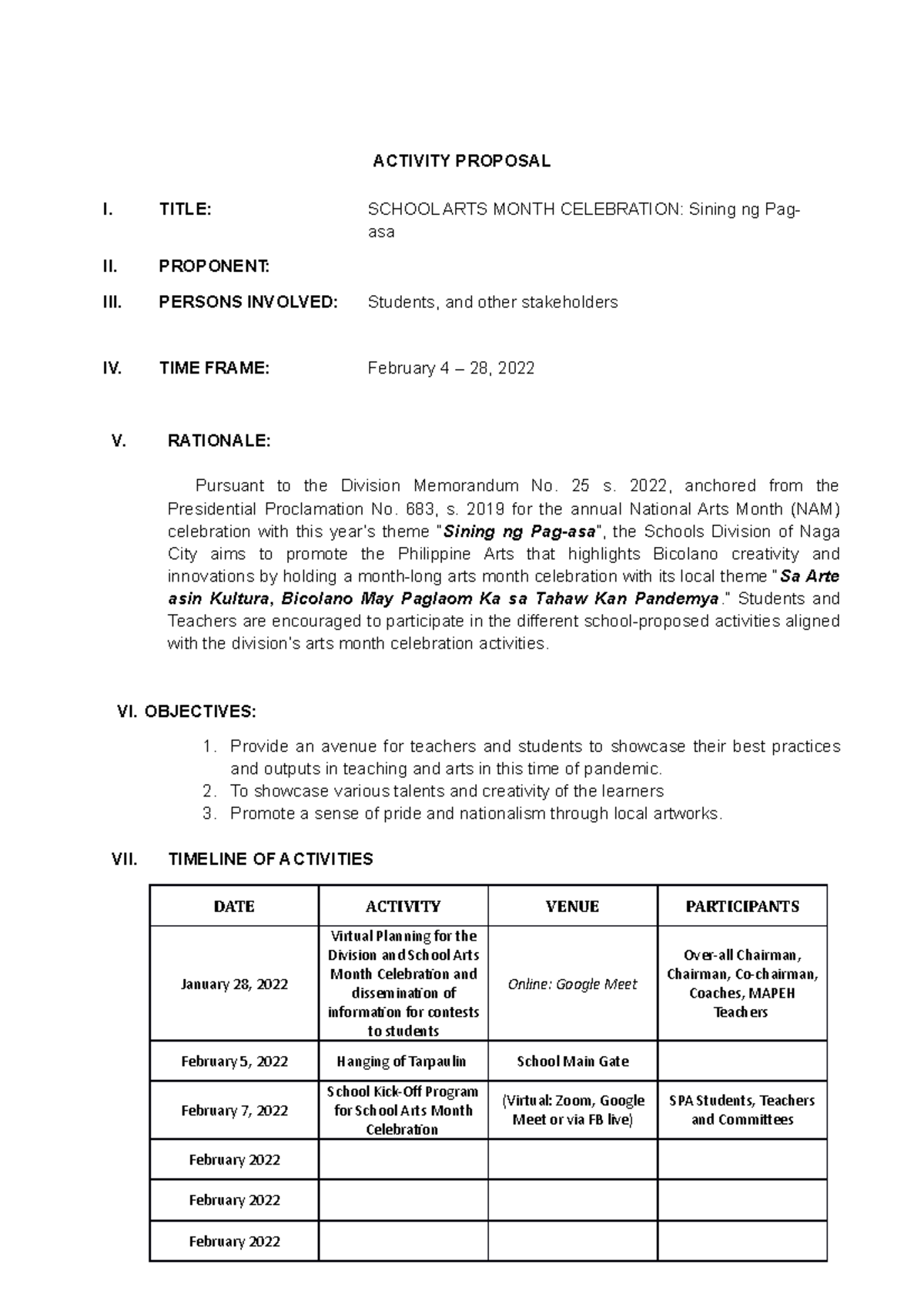 School Arts Month Celebration 2022 - ACTIVITY PROPOSAL I. TITLE: SCHOOL ...
